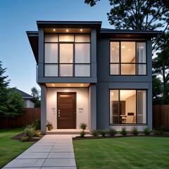 Modern luxury house with a well-manicured lawn..