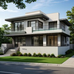 Modern luxury house with a well-manicured lawn..