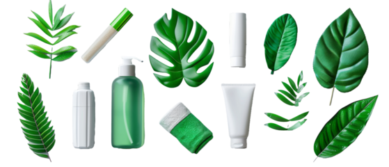 Set of isolated, deodorants and antiperspirants on transparent background. cut flower elements, garden themed designs. Top view high quality PNG." design elements, top view / flat lay