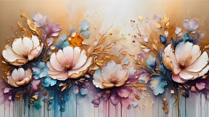 floral pink gold paint art, marble oil watercolor wallpaper. Grunge ink texture. Liquid fluid mix contemporary ,canvas painting 