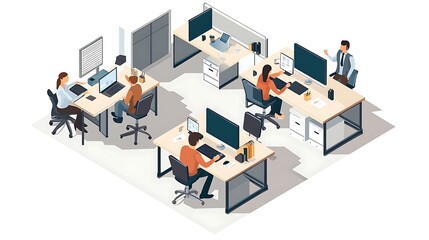 Obraz premium Modern Isometric Design Office Workspace with Employees at Desks in Vector Style
