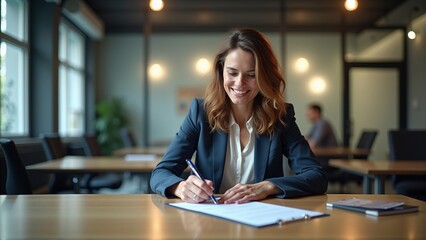 A confident businesswoman smiles while signing documents at her desk in a modern, well-lit office.