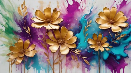 floral pink gold paint art, marble oil watercolor wallpaper. Grunge ink texture. Liquid fluid mix contemporary ,canvas painting 