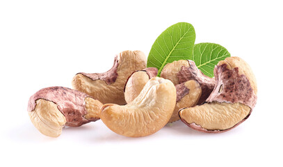 Cashew nuts with leaves in closeup