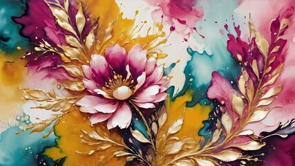 floral pink gold paint art, marble oil watercolor wallpaper. Grunge ink texture. Liquid fluid mix contemporary ,canvas painting 