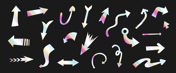 A set of holographic arrows and pointers. Luminous arrow stickers. Rainbow arrows, pointers. Vector illustration.