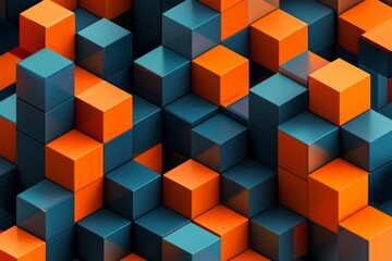 Naklejka premium An abstract pattern of interlocking orange and blue cubes, creating a 3D illusion. 