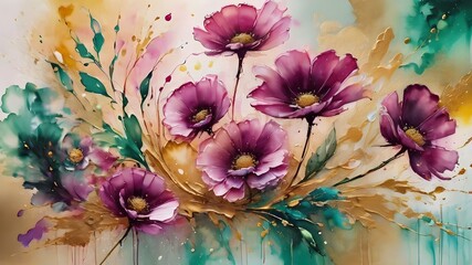 floral pink gold paint art, marble oil watercolor wallpaper. Grunge ink texture. Liquid fluid mix contemporary ,canvas painting 