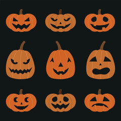 Vector halloween collection of jack o' lantern pumpkins with different emotions