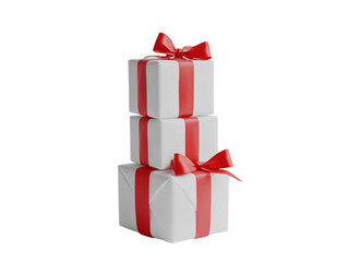 Stack of five wrapped Christmas gifts with red ribbons and bows on a white background.  PNG transparent.