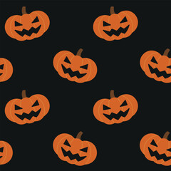 Halloween vector pattern with drawn scary pumpkins in orange color on dark black background