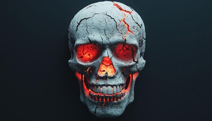 A hauntingly beautiful skull with cracks and glowing red eyes, perfect for themes of horror, mystery, and the macabre.
