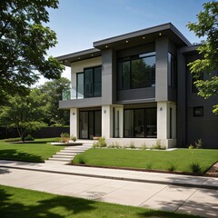 Modern luxury house with a well-manicured lawn..
