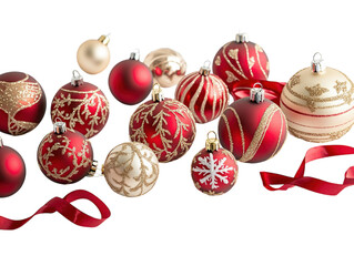 Collection of red and gold Christmas ornaments with snowflakes and ribbons on a white background.  PNG transparent.