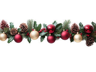 Christmas garland with red and gold ornaments, pinecones, and holly on a white background.  PNG transparent.