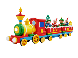 Colorful Christmas toy train with carriages full of festive characters on a white background. PNG transparent.