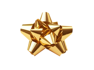 Shiny golden gift bow with textured ribbon loops on a white background.  PNG transparent.