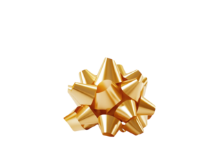 Shiny golden gift bow with textured ribbon loops on a white background.  PNG transparent.