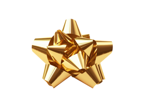 Shiny golden gift bow with textured ribbon loops on a white background.  PNG transparent.