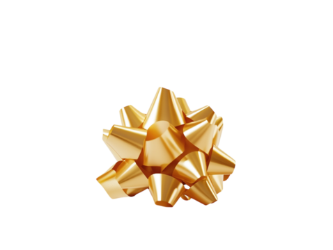 Shiny golden gift bow with textured ribbon loops on a white background.  PNG transparent.