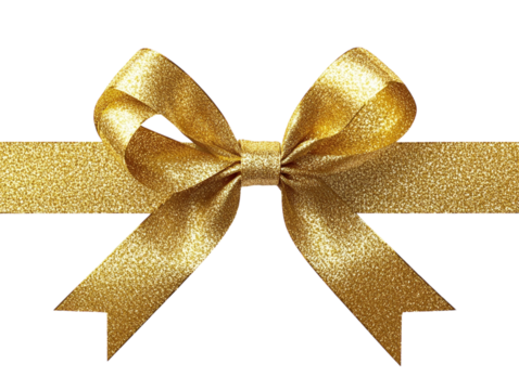 Shiny golden gift bow with textured ribbon loops on a white background.  PNG transparent.