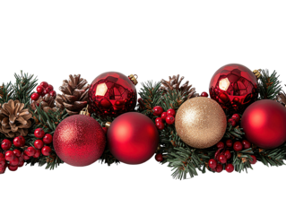 Christmas garland with red and gold baubles, berries, and pinecones on a white background.  PNG transparent.