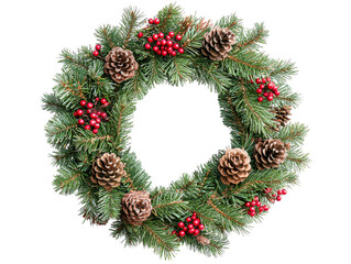 Green pine wreath decorated with pinecones and red berries on a white background.  PNG transparent.