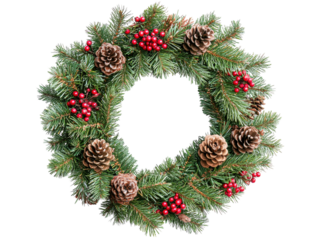 Green pine wreath decorated with pinecones and red berries on a white background.  PNG transparent.