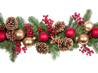 Christmas garland with red and gold baubles, berries, and pinecones on a white background.  PNG transparent.