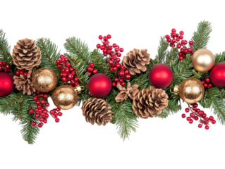 Christmas garland with red and gold baubles, berries, and pinecones on a white background.  PNG transparent.