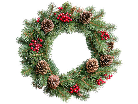 Green pine wreath decorated with pinecones and red berries on a white background.  PNG transparent.
