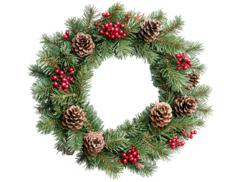 Green pine wreath decorated with pinecones and red berries on a white background.  PNG transparent.