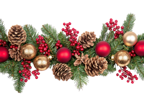 Christmas garland with red and gold baubles, berries, and pinecones on a white background.  PNG transparent.