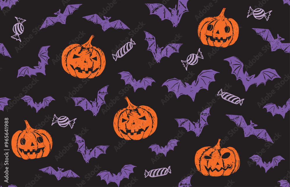 Wall mural Halloween symbols, pumpkin, bat, candy, pattern, hand drawn illustrations	
