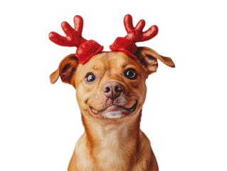 Happy dog wearing red reindeer antlers sitting on a white background.  PNG transparent.