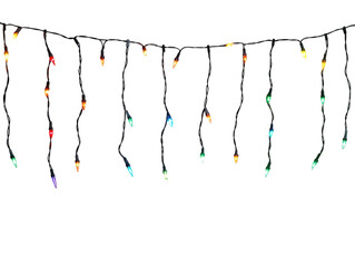 Colorful Christmas string lights hanging horizontally on a white background.  PNG transparent.