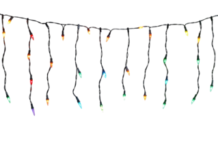 Colorful Christmas string lights hanging horizontally on a white background.  PNG transparent.