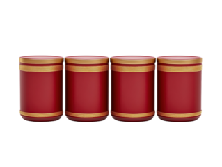 Four red gift boxes with gold ribbons arranged in a row on a white background.  PNG transparent.