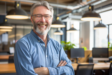 Fototapeta premium A Smiling Professional Posing in a Modern Office Setting That Reflects Professionalism. Generative AI