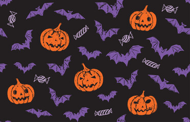 Halloween symbols, pumpkin, bat, candy, pattern, hand drawn illustrations	
