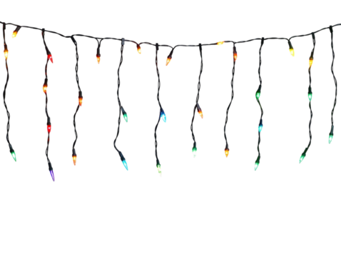 Colorful Christmas string lights hanging horizontally on a white background.  PNG transparent.