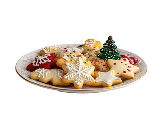 Plate filled with Christmas cookies, including gingerbread men, stars, and trees on a white background.  PNG transparent.