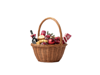 Christmas gift basket filled with assorted presents, wine, and festive treats on a white background.  PNG transparent.