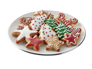 Plate filled with Christmas cookies, including gingerbread men, stars, and trees on a white background.  PNG transparent.