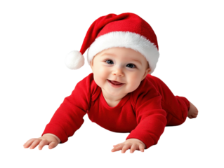 Smiling baby in a red Christmas outfit and Santa hat crawling on a white background.  PNG transparent.