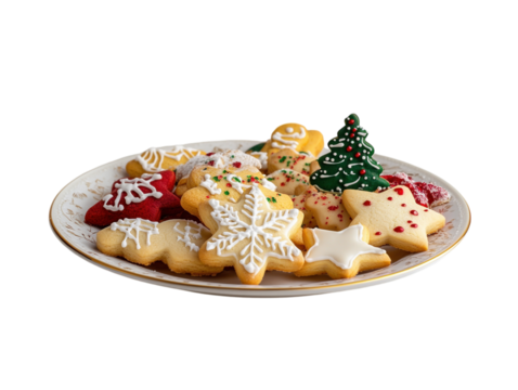Plate filled with Christmas cookies, including gingerbread men, stars, and trees on a white background.  PNG transparent.