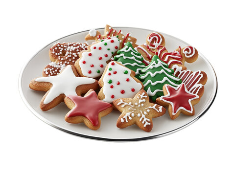Plate filled with Christmas cookies, including gingerbread men, stars, and trees on a white background.  PNG transparent.