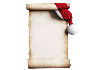 Empty parchment scroll with a red Santa hat draped over the top on a white background.  PNG transparent.