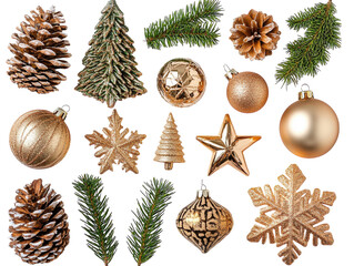 Flat lay of Christmas ornaments, pine cones, and festive decorations arranged on a white background.  PNG transparent. - Powered by Adobe