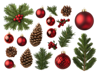 Flat lay of Christmas ornaments, pine cones, and festive decorations arranged on a white background.  PNG transparent.